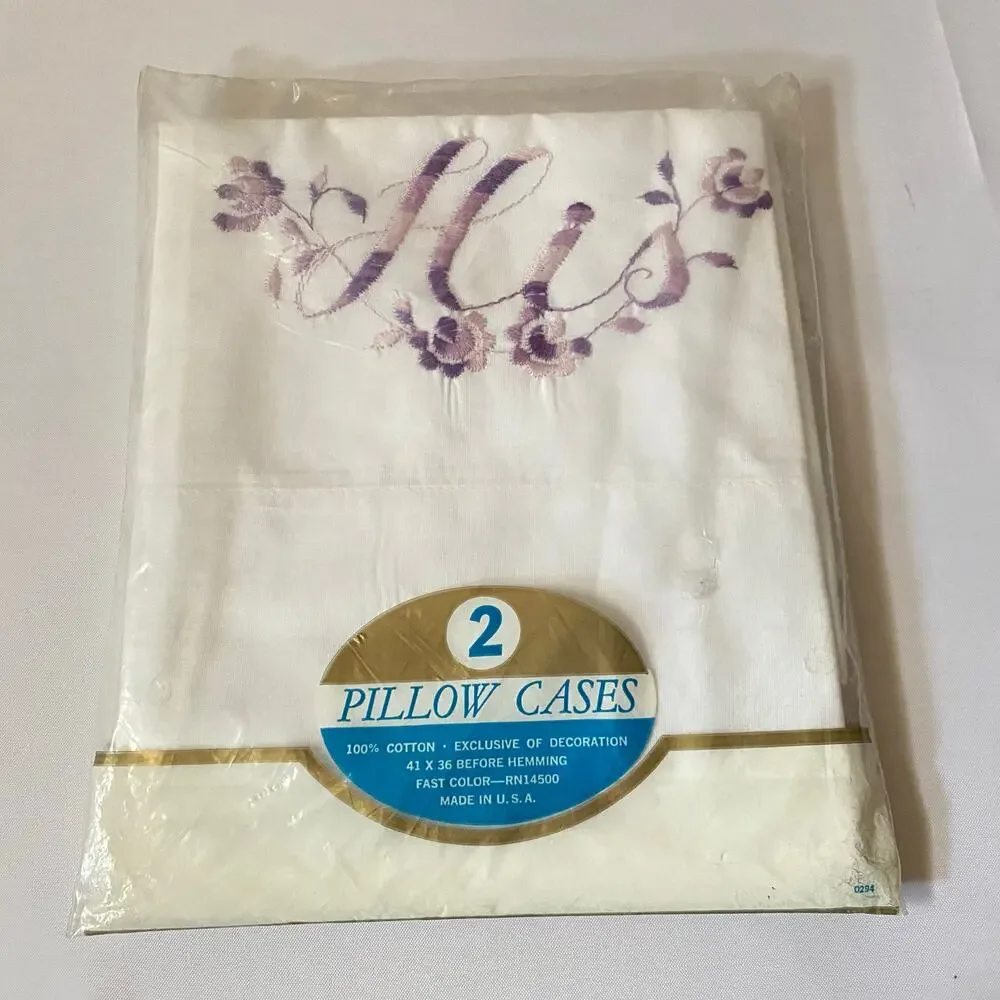 Vtg His Hers Pillowcases Set 2 Purple Floral Embroidery Cotton NIP Cottagecore